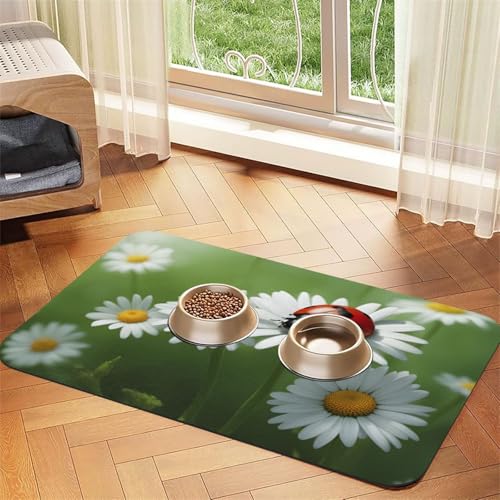 Marienkäfer auf Gänseblümchen-Blumendruck, Haustier-Futtermatte, Hundematte für Futter und Wassernapf, Wasserspendermatte, Hundezubehör von DUWAA