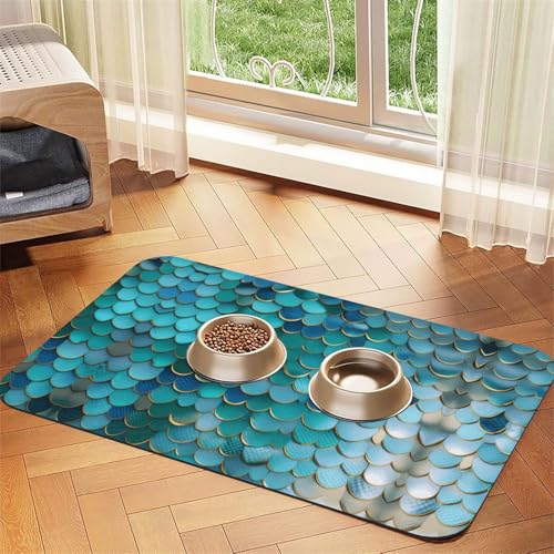 Meerjungfrauen-Schuppen-Druck, Haustier-Futtermatte, Hundematte für Futter und Wassernapf, Wasserspender-Matte, Hundezubehör von DUWAA