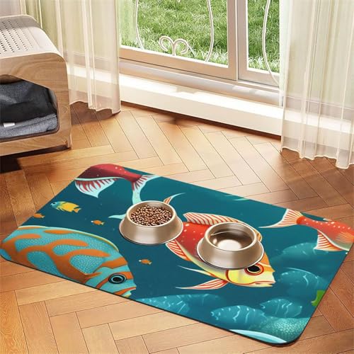Ocean Unterwasser-Futtermatte mit Fisch-Druck, Hundematte für Futter und Wassernapf, Wasserspendermatte, Hundezubehör Ocean Unterwasser-Futtermatte mit Fisch-Druck, Hundematte für Futter und Wassernapf, Wasserspendermatte, Hundezubehör von DUWAA