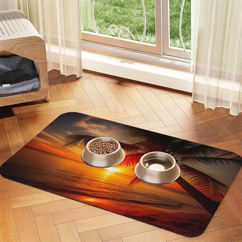 Palme Sonnenuntergang Druck Haustier Futtermatte Hundematte für Futter und Wassernapf Hunde Wasserspender Matte Hunde Zubehör Palme Sonnenuntergang Druck Haustier Futtermatte Hundematte für Futter und Wassernapf Hunde Wasserspender Matte Hunde Zubehör von DUWAA