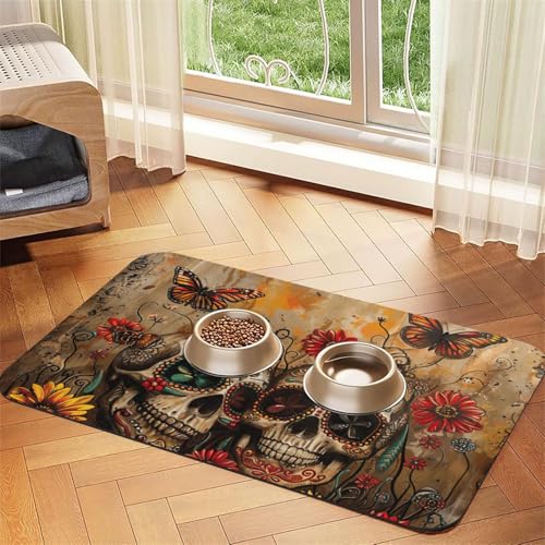 Sugar Skulls Butterfly Print Pet Feeding Mat Dog Mat for Food and Water Bowl Dogs Water Dispenser Mat Dogs Accessories von DUWAA