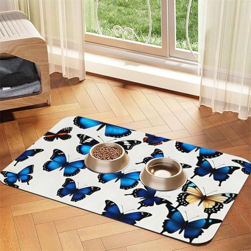 Viele blaue Schmetterlings-Aufdruck, Haustier-Futtermatte, Hundematte für Futter und Wassernapf, Wasserspendermatte, Hundezubehör Viele blaue Schmetterlings-Aufdruck, Haustier-Futtermatte, Hundematte für Futter und Wassernapf, Wasserspendermatte, Hundezubehör von DUWAA
