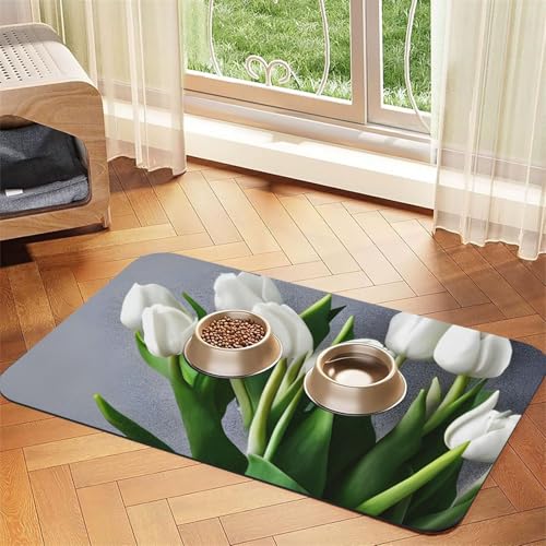 Weiße Tulpen Blumen Druck Haustier Futtermatte Hundematte für Futter und Wassernapf Hunde Wasserspender Matte Hunde Zubehör Weiße Tulpen Blumen Druck Haustier Futtermatte Hundematte für Futter und Wassernapf Hunde Wasserspender Matte Hunde Zubehör von DUWAA