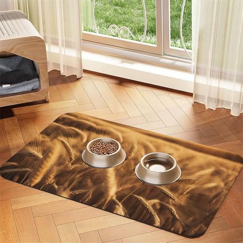 Weizenfelddruck Haustier Futtermatte Hundematte für Futter und Wassernapf Hunde Wasserspender Matte Hunde Zubehör von DUWAA
