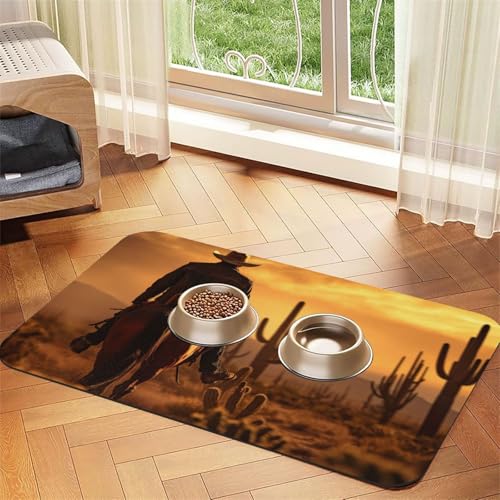 West Wüstenkaktus mit Cowboys reitenden Pferden, 1 Aufdruck, Haustier-Futtermatte, Hundematte für Futter und Wassernapf, Wasserspendermatte, Hundezubehör von DUWAA