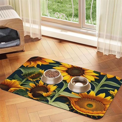 Wildblumen-Sonnenblumen-Druck, Haustier-Futtermatte, Hundematte für Futter und Wassernapf, Wasserspender-Matte, Hundezubehör von DUWAA