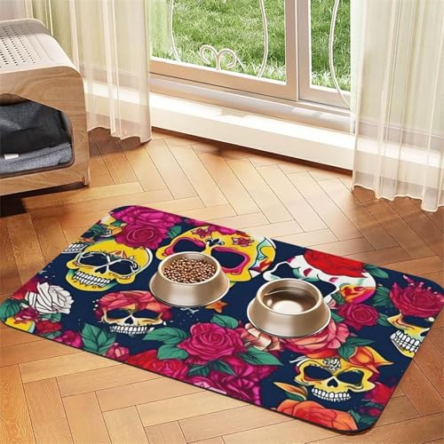 Zucker und Totenköpfe und Blumen Druck Haustier Futtermatte Hundematte für Futter und Wassernapf Hunde Wasserspender Matte Hunde Zubehör Zucker und Totenköpfe und Blumen Druck Haustier Futtermatte Hundematte für Futter und Wassernapf Hunde Wasserspender Matte Hunde Zubehör von DUWAA