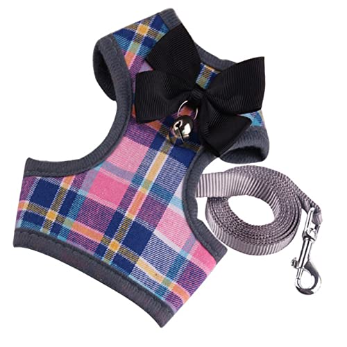 Seil Haustier Katzenbaum Kleine Hundegeschirr und Leine Mesh Gepolsterte Kein Pull-Welpe Haustiergurt Bowtie Plaid Smoking Weste Kabelbaum Leads for Katzen Haustierleine Mit (Color : Pink, Size : M von DUnLap