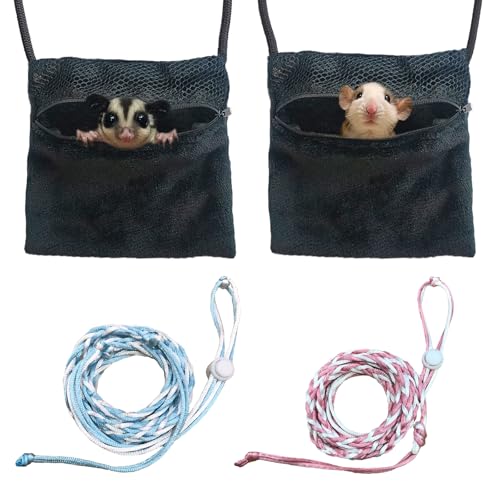 2 x Zuckergleiterbeutel und 2 x Hamster-Leine, kleine Tier-Tragetasche mit verstellbarer – gemütlicher und tragbarer Lebensraum für kleine Haustiere (Hamster, Ratten, Murmeltiere, Eichhörnchen) von DVDKOLA