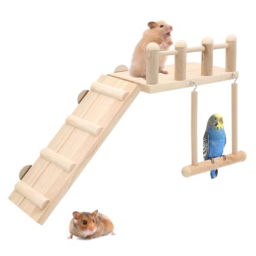 Vogelsitzstangen, Holzplattformschaukel mit Kletterleiter, Ständer, Hamsterübung, stabiles Spielplatz-Spielzeug für Kleintierkäfig-Zubehör (Plattform + Schaukel) von DVHEY