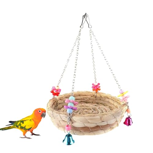 DVOFU Papageiennest Vogel Papageienspielzeug Natürliches Rattannest Strohnest Bettschaukel mit 4 Metallglocken für Lovebird Finken Kanarienvogel Wellensittich von DVOFU