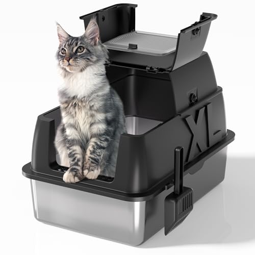 Edelstahl-Katzentoilette mit Deckel, XL 45,7 cm tief für große Katzen, 180° Flip-Top, geruchsfrei und auslaufsicher, mit Schaufel (schwarz, 61 x 40,6 x 45,7 cm (L x B x H) von DVPETS