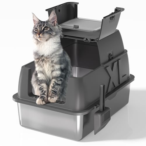 Edelstahl-Katzentoilette mit Deckel, XL 45,7 cm tief für große Katzen, 180° Klappdeckel, geruchsfrei und auslaufsicher, mit Schaufel (Dunkelgrau, 61 x 40,6 x 45,7 cm (L x B x H) von DVPETS