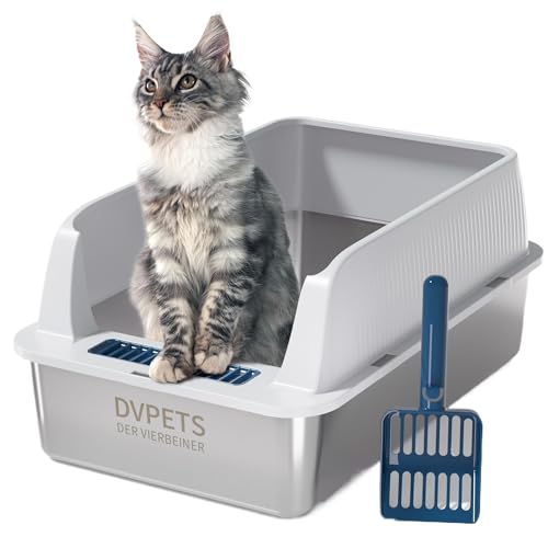 Edelstahl-Katzentoilette mit hohem Deckel, extra groß, XL für große Katzen, offene Oberseite, Metall-Kitty, Hellgrau, 61 x 40,6 x 27,9 cm (L x B x H) von DVPETS