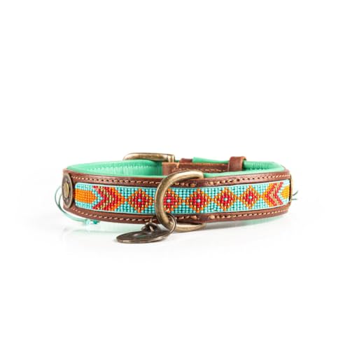 Dog with a Mission - Hundehalsband L | Farbenfroh Türkis, Orange mit Perlen | Boho, Ethno, Ibiza, Hippie | Große Hunde | Handgemacht | Modisch und Bunt | Aus weichem Echtes Leder | 2,5 cm Breit von Dog with a Mission