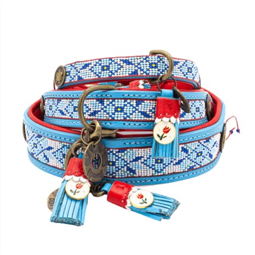 Dog with a Mission - Hundehalsband S | Dutchie, Blau und Rot mit Perlen | Boho und Hippie | Ideal für kleine Hunde | Handgemacht | Modisch und Bunt | Aus weichem Echtes Leder | 2 cm Breit von Dog with a Mission