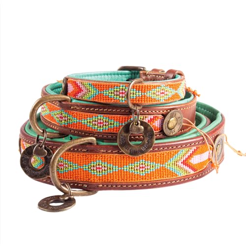 Dog with a Mission - Hundehalsband L | Farbenfroh Orange, Türkis | Perlen | Boho, Ethno, Ibiza, Hippie | Große Hunde | Handgemacht | Modisch und Bunt | Aus weichem Echtes Leder | 4 cm Breit von Dog with a Mission