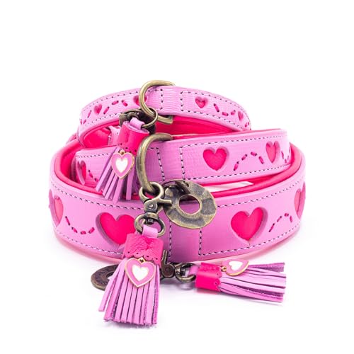 Dog with a Mission - Hundehalsband L | Rosa Pink mit Herzen | Boho und Hippie | Ideal für große Hunde | Handgemacht | Modisch und Bunt | Aus weichem Echtes Leder | 2,5 cm Breit von Dog with a Mission