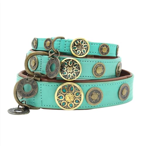 Dog with a Mission - Hundehalsband L | Türkis, Braun, Gold | Boho, Ethno, Urban, Hippie, Ibiza | Große Hunde | Handgemacht | Modisch und Bunt | Aus weichem Echtes Leder | 4 cm Breit von Dog with a Mission
