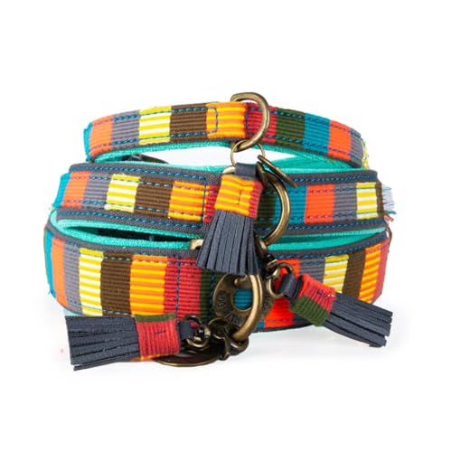 Dog with a Mission - Hundehalsband XL | Bunt Gestreift | Blau/Gelb/Rot/Türkis | Verstellbar | Große Hunde | Handgemacht | Ethno/Nautisch Design | Ibiza Stil | Modisch buntes Muster | 4 cm Breit von Dog with a Mission