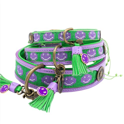Dog with a Mission - Hundehalsband XXL | Smiley, Grün und Lila mit Perlenmuster | Boho und Hippie | Ideal für große Hunde | Handgemacht | Modisch und Bunt | Aus weichem Echtes Leder | 4 cm Breit von Dog with a Mission