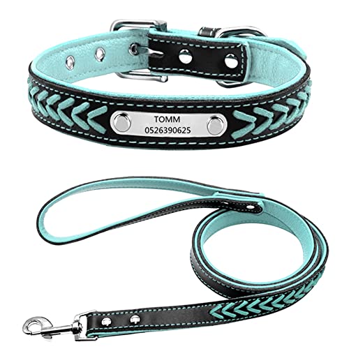 Personalisiert weiches gefloch Leder Hundehalsband ,gravier Edelstahl ID-Tag, Haustierhalsband Verstellbar (Blau-L:14-18"-Leine) von DWCVEKY