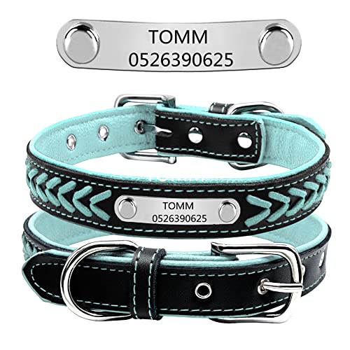 Personalisiert weiches gefloch Leder Hundehalsband ,gravier Edelstahl ID-Tag, Haustierhalsband Verstellbar (Blau-XL:17-21.5") von DWCVEKY