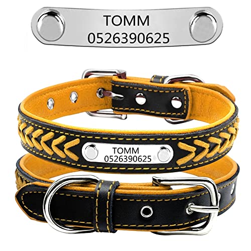Personalisiert weiches gefloch Leder Hundehalsband ,gravier Edelstahl ID-Tag, Haustierhalsband Verstellbar (Gelb-L:14-18") von DWCVEKY