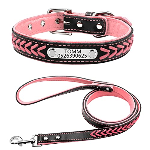 Personalisiert weiches gefloch Leder Hundehalsband ,gravier Edelstahl ID-Tag, Haustierhalsband Verstellbar (Rosa-L:14-18"-Leine) von DWCVEKY