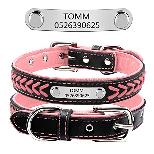 Personalisiert weiches gefloch Leder Hundehalsband ,gravier Edelstahl ID-Tag, Haustierhalsband Verstellbar (Rosa-M:12-15.5") von DWCVEKY