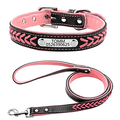 Personalisiert weiches gefloch Leder Hundehalsband ,gravier Edelstahl ID-Tag, Haustierhalsband Verstellbar (Rosa-M:12-15.5"-Leine) von DWCVEKY