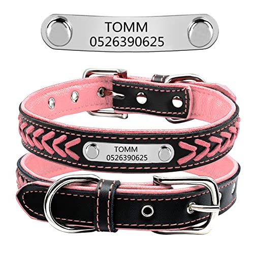 Personalisiert weiches gefloch Leder Hundehalsband ,gravier Edelstahl ID-Tag, Haustierhalsband Verstellbar (Rosa-S:11-13.5") von DWCVEKY