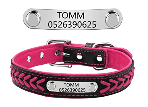 Personalisiert weiches gefloch Leder Hundehalsband ,gravier Edelstahl ID-Tag, Haustierhalsband Verstellbar (Rosarot-L:14-18") von DWCVEKY