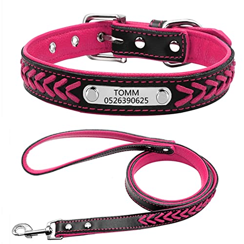 Personalisiert weiches gefloch Leder Hundehalsband ,gravier Edelstahl ID-Tag, Haustierhalsband Verstellbar (Rosarot-L:14-18"-Leine) von DWCVEKY