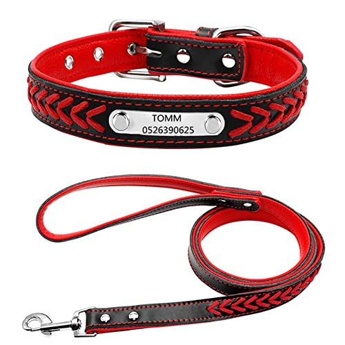 Personalisiert weiches gefloch Leder Hundehalsband ,gravier Edelstahl ID-Tag, Haustierhalsband Verstellbar (Rot-L:14-18"-Leine) von DWCVEKY