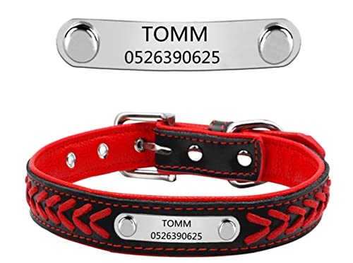 Personalisiert weiches gefloch Leder Hundehalsband ,gravier Edelstahl ID-Tag, Haustierhalsband Verstellbar (Rot-M:12-15.5") von DWCVEKY