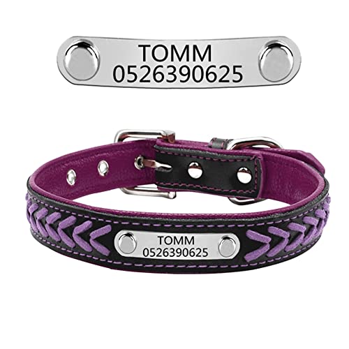 Personalisiert weiches gefloch Leder Hundehalsband ,gravier Edelstahl ID-Tag, Haustierhalsband Verstellbar (Violett-L:14-18") von DWCVEKY