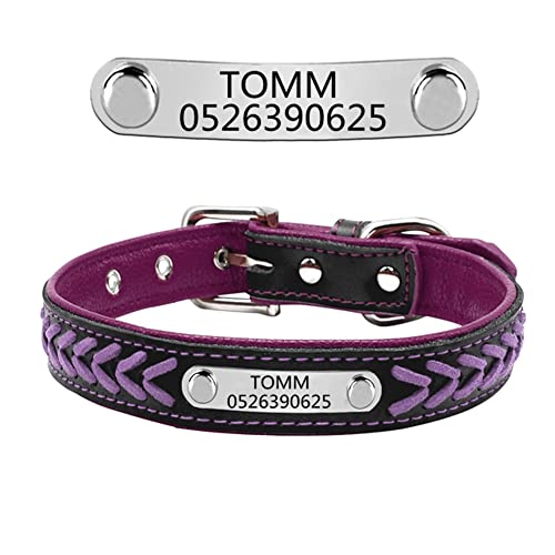 Personalisiert weiches gefloch Leder Hundehalsband ,gravier Edelstahl ID-Tag, Haustierhalsband Verstellbar (Violett-M:12-15.5") von DWCVEKY