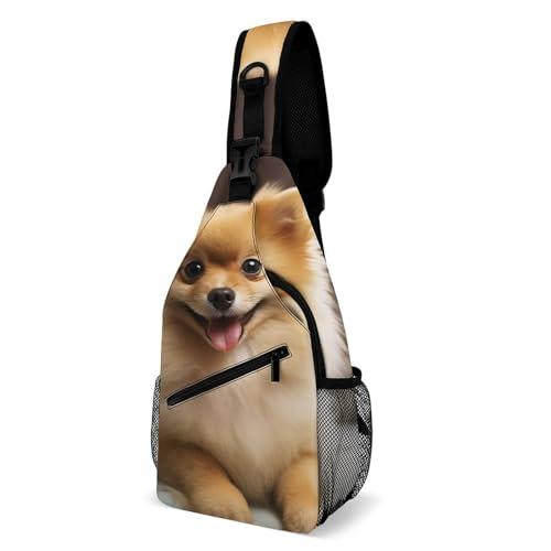 Niedliche Zwergspitz-Hundetasche für Männer und Frauen, wasserdichte Brusttasche, bedruckt, Kreuz-Brusttasche, diagonal, Fitnessstudio, Sport, Reisen, Wandern, Tagesrucksack von DWTJKMS