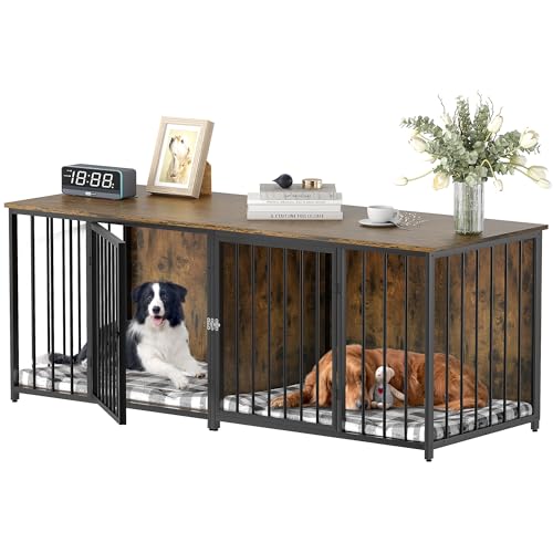 DWVO Doppel Hundehütte Möbel, 203.7 cm Hundekäfig Möbel mit Trennwand, Doppelter Hundekäfig TV-Ständer für 2 mittelgroße Hunde, Braun von DWVO