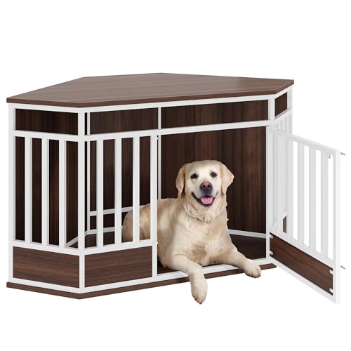 DWVO Eck-Hundekäfig-Möbel, 132 cm, robuste Hundehütte, Innenmöbel, Beistelltisch, Käfig für große und mittelgroße Hunde, moderne dekorative Holzkäfig-Möbel für Wohnzimmer, weiße Walnuss von DWVO