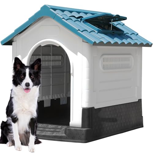 DWVO Faltbare Hundehütte aus Kunststoff für kleine und mittelgroße Hunde, wasserdicht, faltbar, mit verstellbarem Fenster oben und erhöhtem Boden (L x B x H): 84 x 70 x 76 cm von DWVO