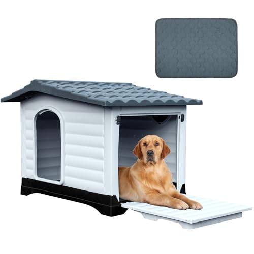 DWVO Hundehütte mit 2 Türen und erhöhtem Boden und Kissen, Kunststoff-Haustierhaus für kleine, mittelgroße und große Hunde, einfache Montage, wasserabweisend, für den Innen- und Außenbereich (L x B x DWVO Hundehütte mit 2 Türen und erhöhtem Boden und Kissen, Kunststoff-Haustierhaus für kleine, mittelgroße und große Hunde, einfache Montage, wasserabweisend, für den Innen- und Außenbereich (L x B x von DWVO