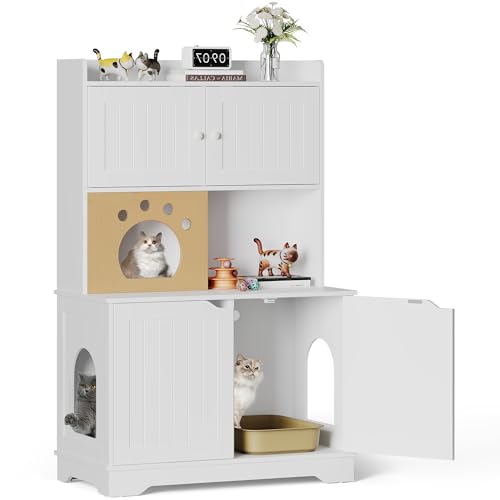 DWVO Katzentoilette mit Ablagen für 2 Katzen, Doppel-Katzentoiletten-Möbel versteckt mit Katzenhaus, 2 Katzen-Aufbewahrungsschrank aus Holz, Möbel für Indoor-Katzen, 90 cm L x 46 cm B x 140 cm H, Weiß DWVO Katzentoilette mit Ablagen für 2 Katzen, Doppel-Katzentoiletten-Möbel versteckt mit Katzenhaus, 2 Katzen-Aufbewahrungsschrank aus Holz, Möbel für Indoor-Katzen, 90 cm L x 46 cm B x 140 cm H, Weiß von DWVO