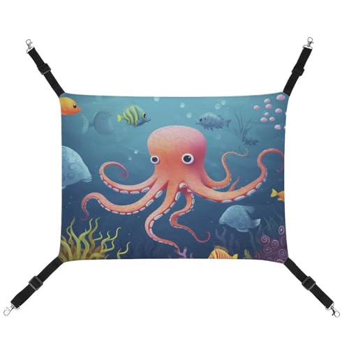 DWVSFJM Cartoon-Oktopus-Fisch-Katzen-Hängematte, Haustierkäfig-Hängematte, weiches Haustier-Hängebett mit verstellbaren Gurten und Metallhaken-Muster, warme hängende Haustiermatten für Katzen, kleine von DWVSFJM