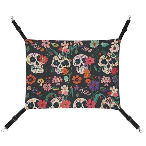 DWVSFJM Day of the Dead Katzenhängematte mit floralem Totenkopf-Muster, weiches Haustier-Hängebett mit verstellbaren Riemen und Metallhaken, warme hängende Haustiermatten für Katzen, kleine Hunde, von DWVSFJM