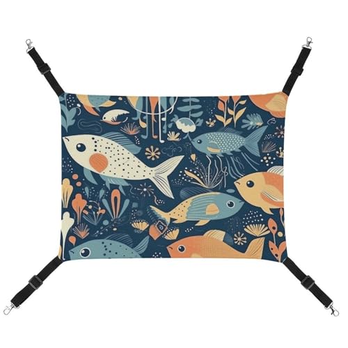 DWVSFJM Hängematte, Cartoon-Fisch und Koralle, verstellbar, ruhend, schläfrige Katze, Fensterpolster, Haustier-Hängematte, weiches Bett für Katzen, Kaninchen oder andere Kleintiere von DWVSFJM