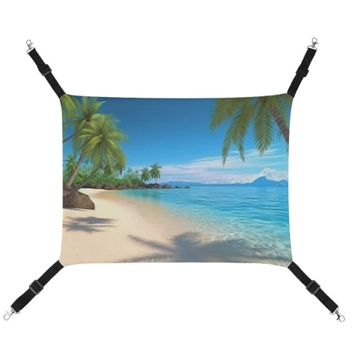 DWVSFJM Hawaiianischer Strand mit Palmen, Katzenhängematte, Haustierkäfig-Hängematte, weiches Haustier-Hängebett mit verstellbaren Gurten und Metallhaken-Muster, warme hängende Haustiermatten für von DWVSFJM
