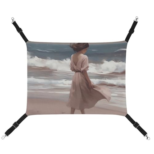 DWVSFJM Katzenhängematte für Mädchen, das am Strand steht, weiches Haustier-Hängebett mit verstellbaren Riemen und Metallhaken, warme hängende Haustiermatten für Katzen, kleine Hunde, Kaninchen von DWVSFJM