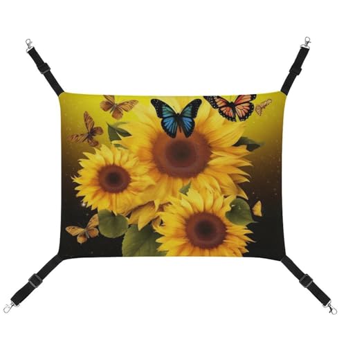 DWVSFJM Katzenhängematte mit Sonnenblumen-Blumen und Schmetterlingen, weiches Haustier-Hängebett mit verstellbaren Riemen und Metallhaken, warme hängende Haustiermatten für Katzen, kleine Hunde, von DWVSFJM